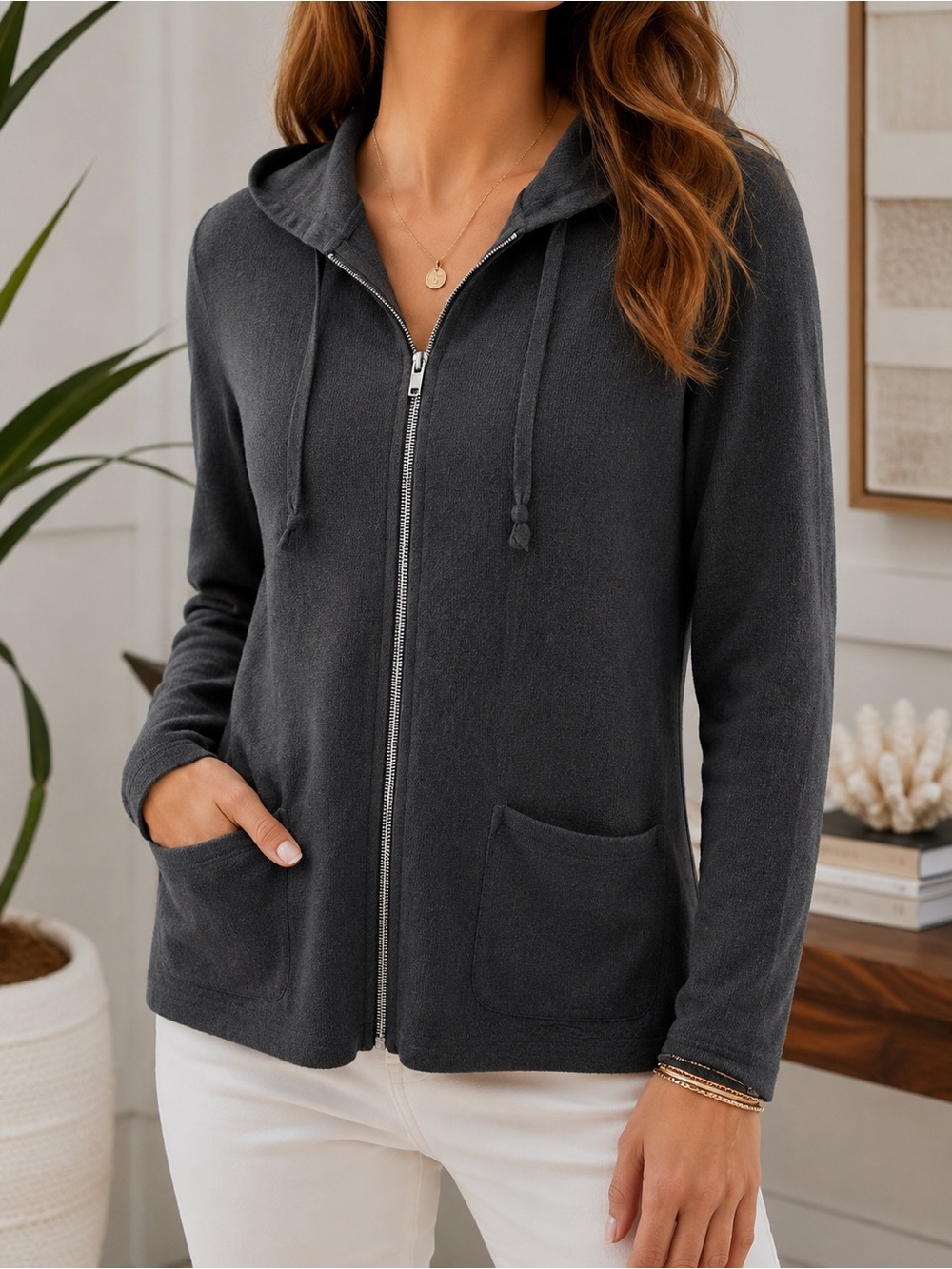 Chico’s Charcoal Zip-Front Hoodie Jacket - Women
